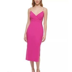 GUESS Fuchsia Pink V-Neck Chain-Strap Side-Cutout Midi Dress Size 4 Barbiecore